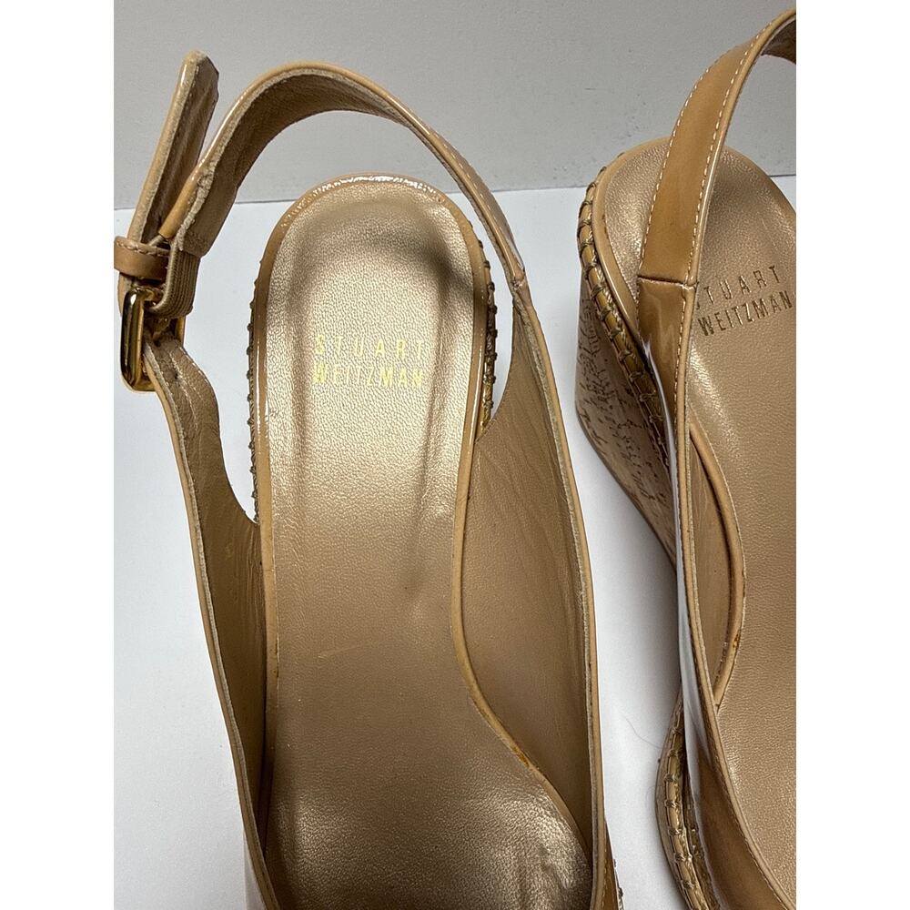 Stuart Weitzman Nude Patent Cork Wedge Sandals Womens 8.5 Wedding Guest Heels - Picture 6 of 6